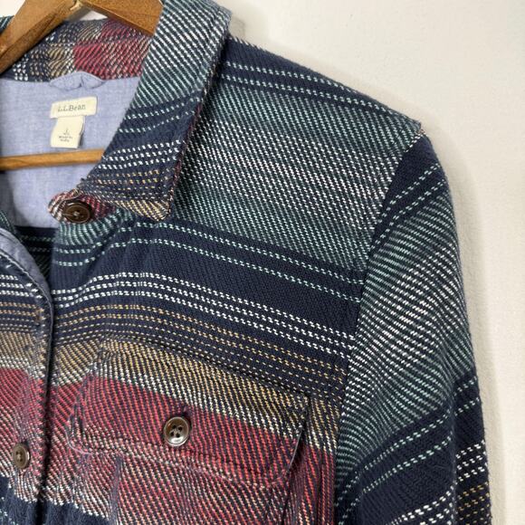L.L.Bean Shirt Jacket Womens Large Blue Green Stripe Flannel Shacket Oversized - Picture 2 of 8